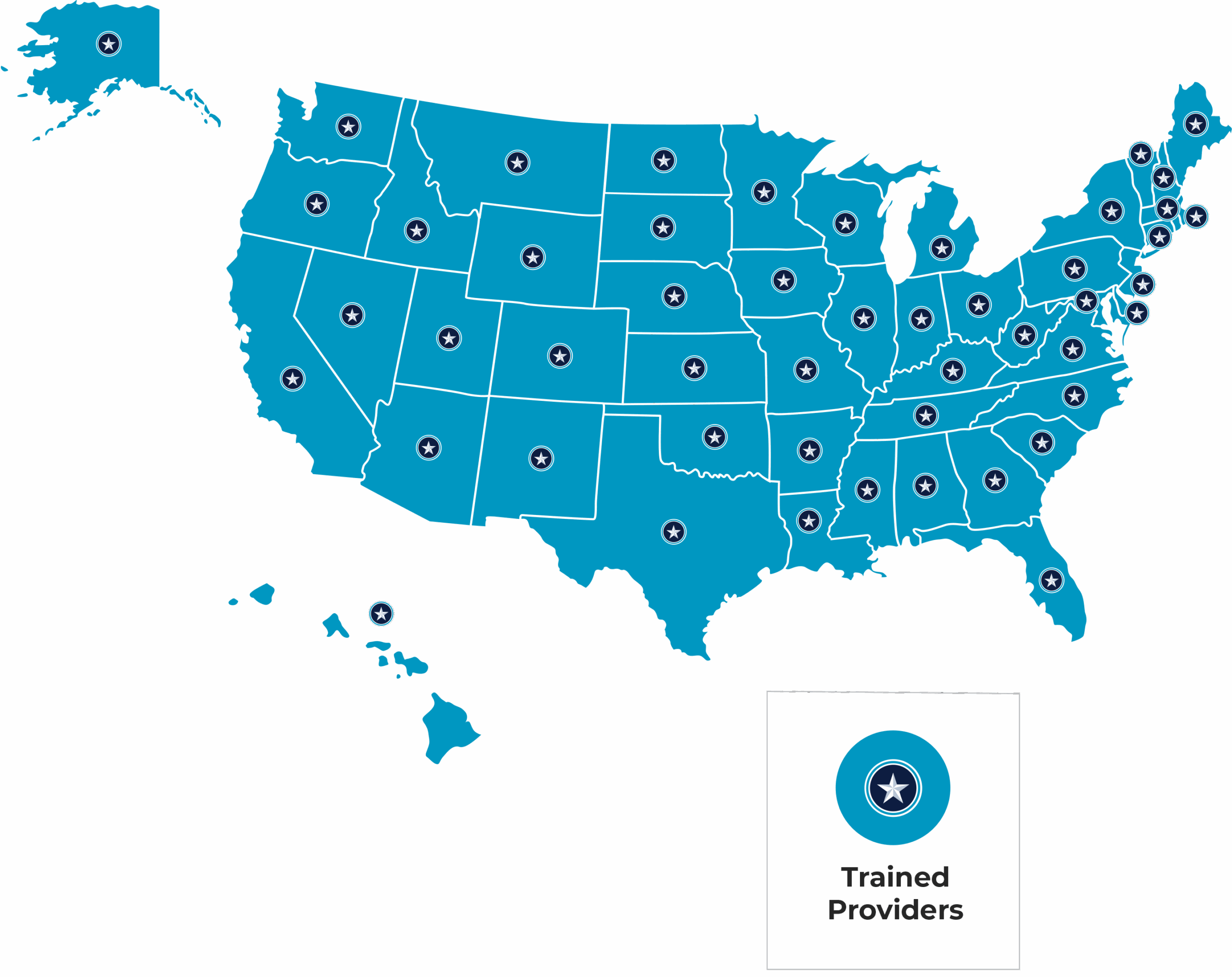 Map of 50 United States of America. Each state filled-in with blue.
